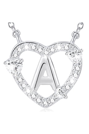 18K White Gold plated Love Heart Initial Necklaces for Women Girls CZ S925 Sterling Silver Letter A Pendant Chain Birthday Valentines Day Jewelry Gifts Teen Girlfriend Wife Her Kid Age Ideas