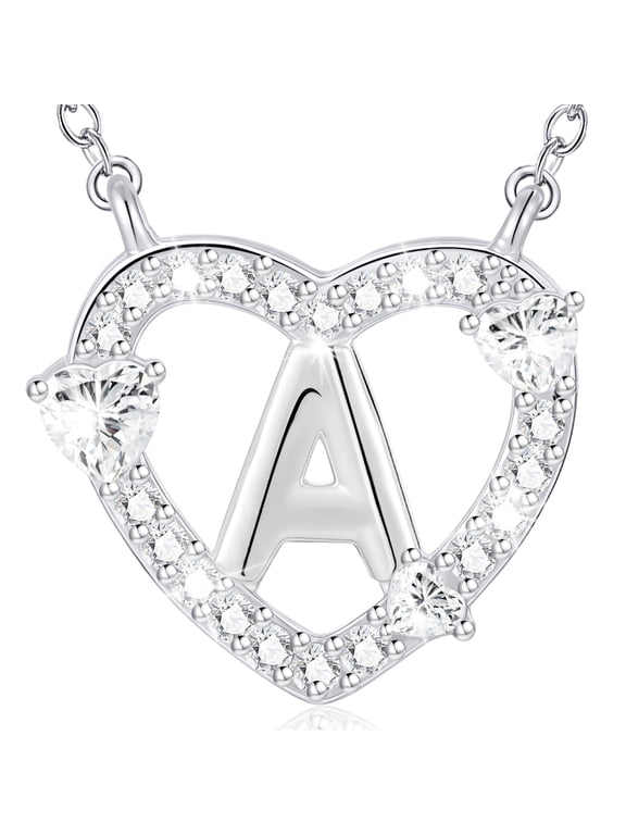 18K White Gold plated Love Heart Initial Necklaces for Women Girls CZ S925 Sterling Silver Letter A Pendant Chain Birthday Valentines Day Jewelry Gifts Teen Girlfriend Wife Her Kid Age Ideas