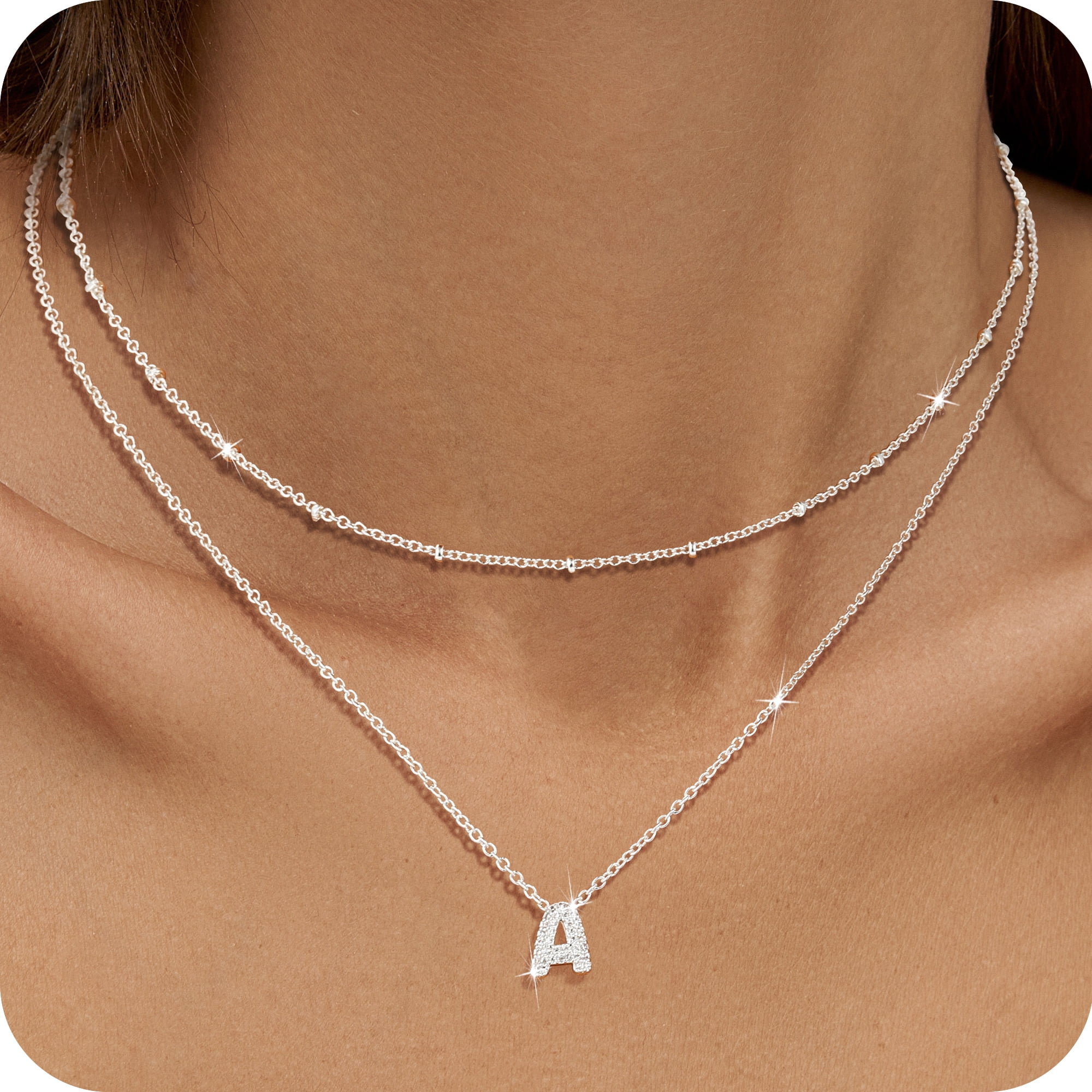 Walmart Black Friday Deals 2025 - APSVO 18K White Gold Plated Initial A Necklace, Sterling Silver, CZ Pendant, Layered Jewelry Gift