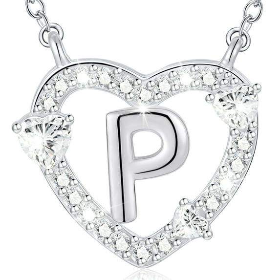 WEDDINEN 18K White Gold plated Love Heart Initial Necklaces for Women Girls CZ S925 Sterling Silver Letter P Pendant Chain Birthday Valentines Day Jewelry Gifts Teen Girlfriend Wife Her Kid Age Ideas