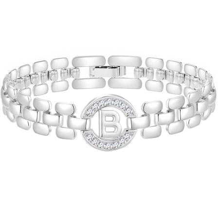 APSVO 18K White Gold Plated Initial Charm Bracelets for Women Cubic Zirconia Watch Bangle Silver Letter B Chain Bracelet Birthday Valentines Jewelry Gifts Her Lady Girlfriend Wife Adults Teen Ideas