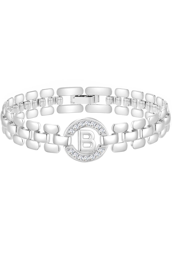 18K White Gold Plated Initial Charm Bracelets for Women Cubic Zirconia Watch Bangle Silver Letter B Chain Bracelet Birthday Graduation Jewelry Gifts Her Mom Girlfriend Teen Ideas