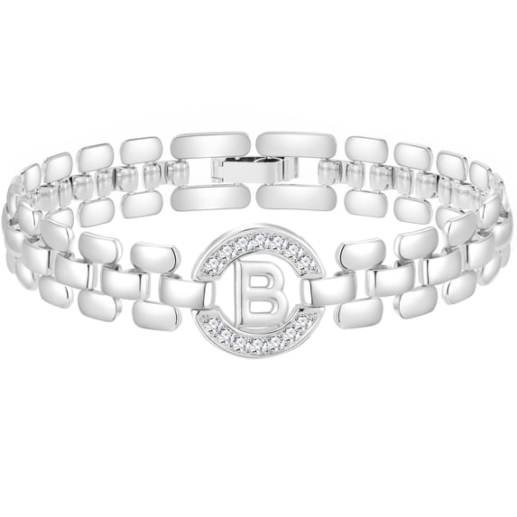 APSVO 18K White Gold Plated Initial Charm Bracelets for Women Cubic Zirconia Watch Bangle Silver Letter B Chain Bracelet Birthday Graduation Jewelry Gifts Her Mom Girlfriend Teen Ideas