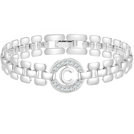 APSVO 18K White Gold Plated Initial Charm Bracelets for Women Cubic Zirconia Watch Bangle Silver Letter C Chain Bracelet Birthday Valentines Jewelry Gifts Her Lady Girlfriend Wife Adults Teen Ideas