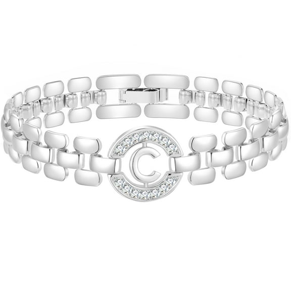 APSVO 18K White Gold Plated Initial Charm Bracelets for Women Cubic Zirconia Watch Bangle Silver Letter C Chain Bracelet Birthday Valentines Jewelry Gifts Her Lady Girlfriend Wife Adults Teen Ideas