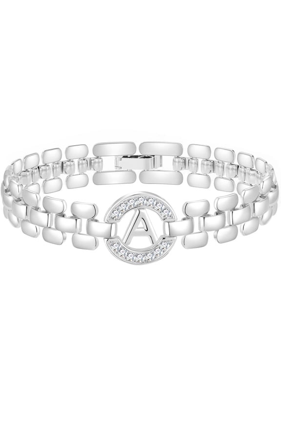 18K White Gold Plated Initial Charm Bracelets for Women Cubic Zirconia Watch Bangle Silver Letter A Chain Bracelet Birthday Valentines Jewelry Gifts Her Lady Girlfriend Wife Adults Teen Ideas