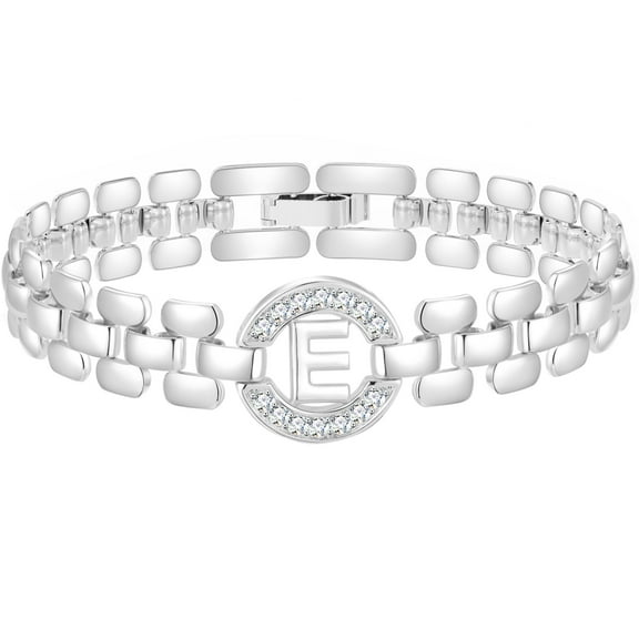 APSVO 18K White Gold Plated Initial Charm Bracelets for Women Cubic Zirconia Watch Bangle Silver Letter E Chain Bracelet Birthday Valentines Jewelry Gifts Her Lady Girlfriend Wife Adults Teen Ideas
