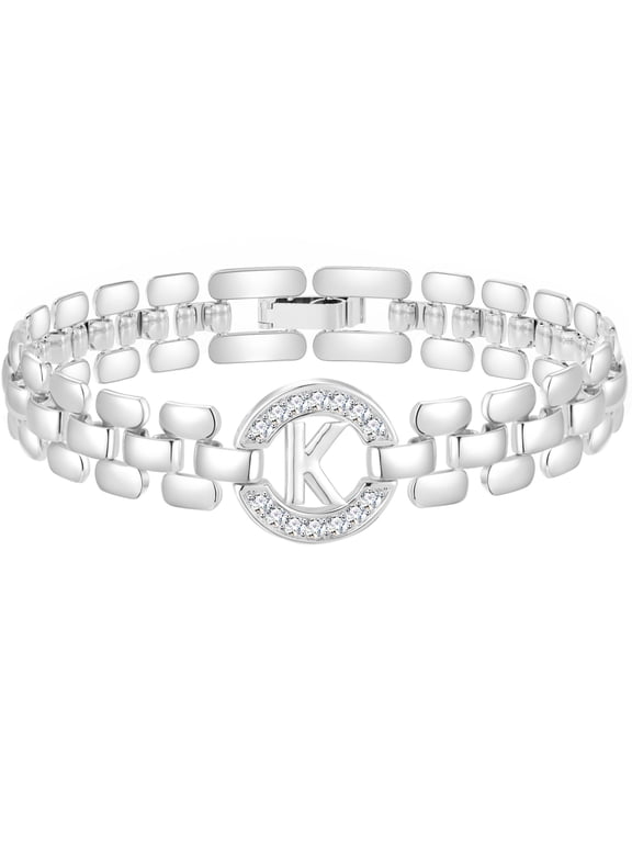 925 Silver Plated Initial Charm Bracelets for Women Cubic Zirconia Watch Bangle Letter K Chain Bracelet Birthday Christmas Jewelry Gifts Teen Stocking Stuffers Adults