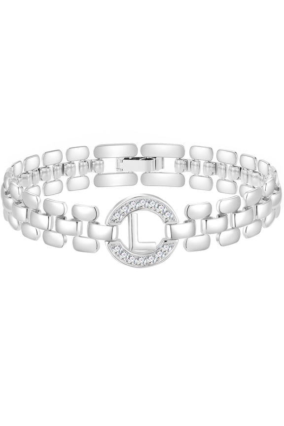 18K White Gold Plated Initial Charm Bracelets for Women Cubic Zirconia Watch Bangle Silver Letter L Chain Bracelet Birthday Valentines Jewelry Gifts Her Lady Girlfriend Wife Adults Teen Ideas