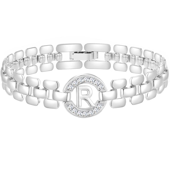 APSVO 18K White Gold Plated Initial Charm Bracelets for Women Cubic Zirconia Watch Bangle Silver Letter R Chain Bracelet Birthday Graduation Jewelry Gifts Her Mom Girlfriend Teen Ideas
