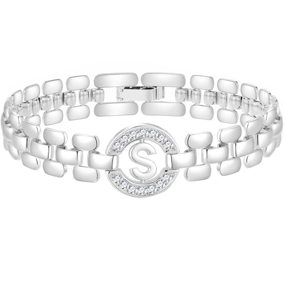 APSVO 18K White Gold Plated Initial Charm Bracelets for Women Cubic Zirconia Watch Bangle Silver Letter S Chain Bracelet Birthday Graduation Jewelry Gifts Her Mom Girlfriend Teen Ideas