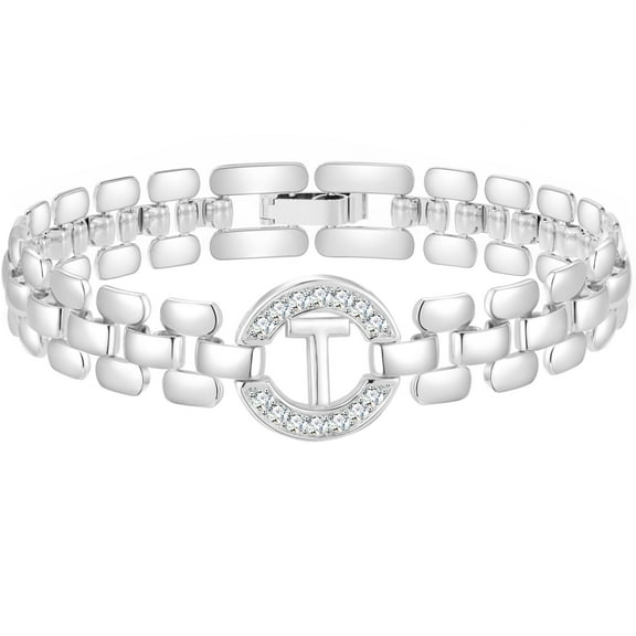 APSVO 18K White Gold Plated Initial Charm Bracelets for Women Cubic Zirconia Watch Bangle Silver Letter T Chain Bracelet Birthday Valentines Jewelry Gifts Her Lady Girlfriend Wife Adults Teen Ideas