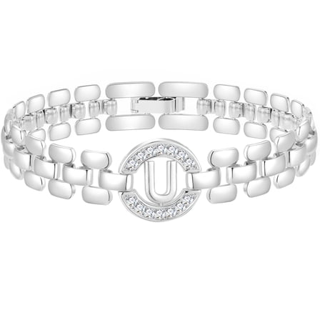 APSVO 18K White Gold Plated Initial Charm Bracelets for Women Cubic Zirconia Watch Bangle Silver Letter U Chain Bracelet Birthday Valentines Jewelry Gifts Her Lady Girlfriend Wife Adults Teen Ideas