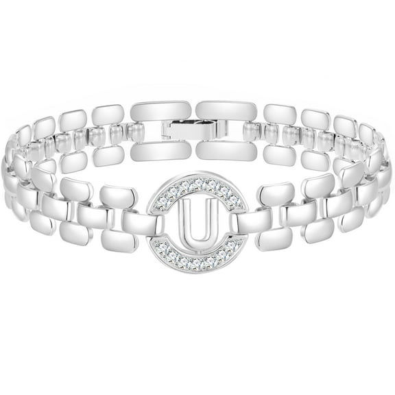 APSVO 18K White Gold Plated Initial Charm Bracelets for Women Cubic Zirconia Watch Bangle Silver Letter U Chain Bracelet Birthday Valentines Jewelry Gifts Her Lady Girlfriend Wife Adults Teen Ideas
