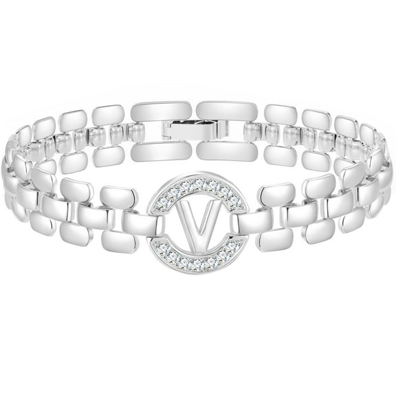 APSVO 18K White Gold Plated Initial Charm Bracelets for Women Cubic Zirconia Watch Bangle Silver Letter V Chain Bracelet Birthday Valentines Jewelry Gifts Her Lady Girlfriend Wife Adults Teen Ideas