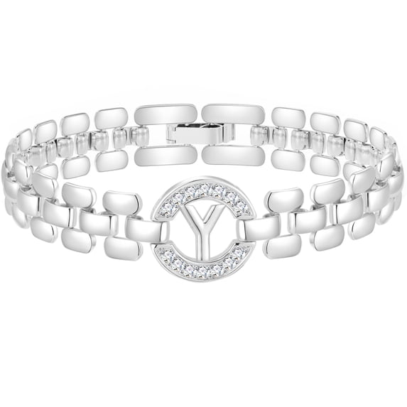 APSVO 18K White Gold Plated Initial Charm Bracelets for Women Cubic Zirconia Watch Bangle Silver Letter Y Chain Bracelet Birthday Graduation Jewelry Gifts Her Mom Girlfriend Teen Ideas