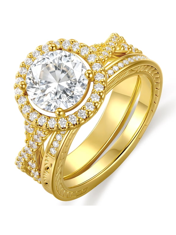 18K Gold Plated Round Rings for Women Stackable CZ Non Tarnish Eternity Promise Band Wedding Engagement Rings Set Birthday Christmas Jewelry Gifts Girlfriend Stocking Stuffers Adults Ideas