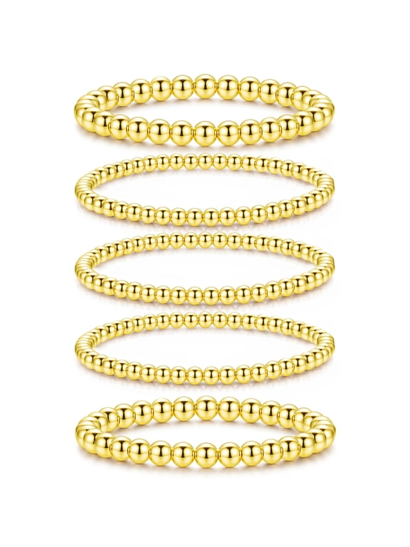 18K Gold Plated 5 Pcs Beaded Bracelets for Women Stackable Ball Bracelet Set Fashion Stuff Accessories Birthday Christmas Jewelry Gifts Teen Stocking Stuffers Adults