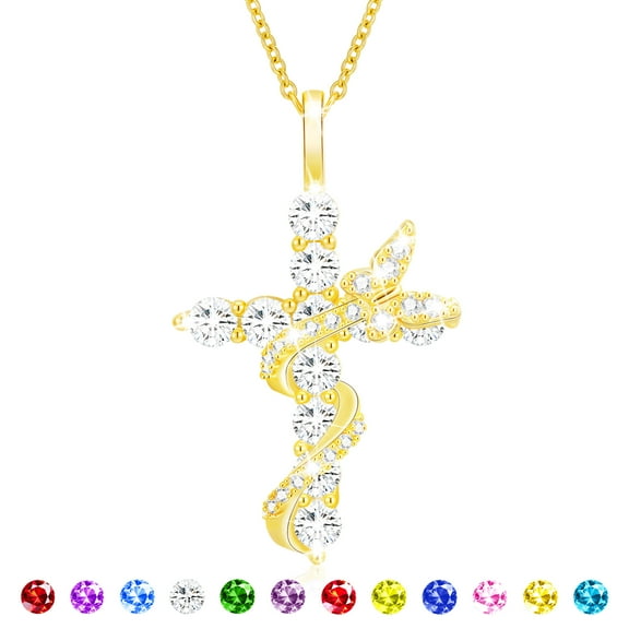 APSVO 18K Gold Plated Butterfly Cross Necklaces for Women Girls April Birthstone Pendant Chain with Crystal Birthday Valentines Day Jewelry Gifts Teen Her Girlfriend Wife Female Adults Kids Age Ideas