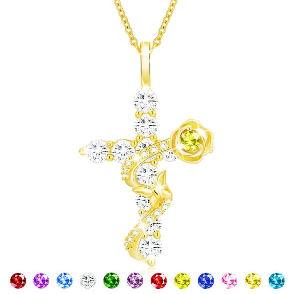 APSVO 18K Gold Plated Rose Cross Necklaces for Women Girls August Birthstone Pendant Chain with Peridot Birthday First Communion Easter Basket Stuffers Jewelry Gifts Teen Adults Kids Age Ideas