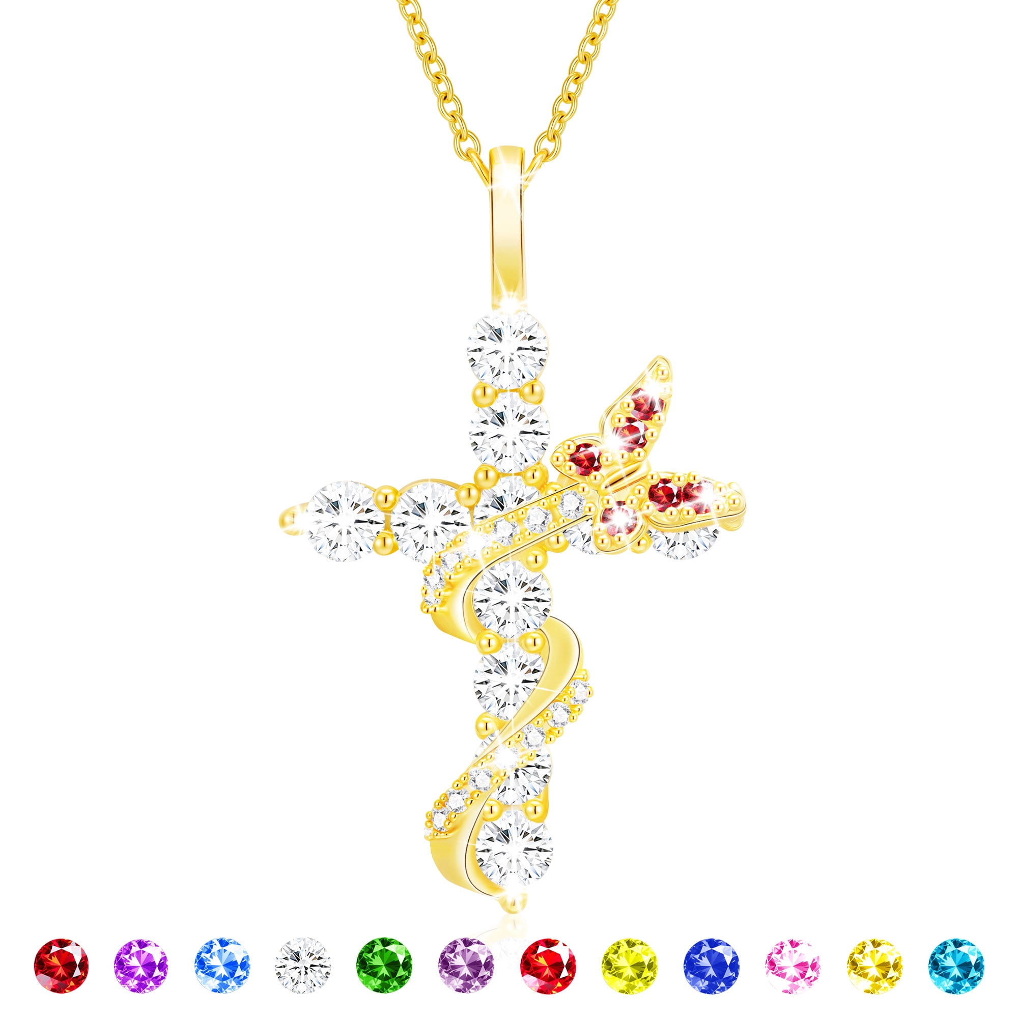APSVO 18K Gold Plated Butterfly Cross Necklaces for Women Girls January Birthstone Pendant Chain with Red Garnet Birthday First Communion Graduation Mothers Day Jewelry Gifts Teen Her Mom Kids