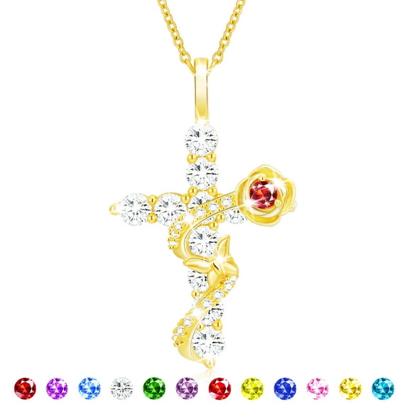 APSVO 18K Gold Plated Rose Cross Necklaces for Women Girls January Birthstone Pendant Chain with Red Garnet Birthday First Communion Easter Basket Stuffers Jewelry Gifts Teen Adults Kids Age Ideas