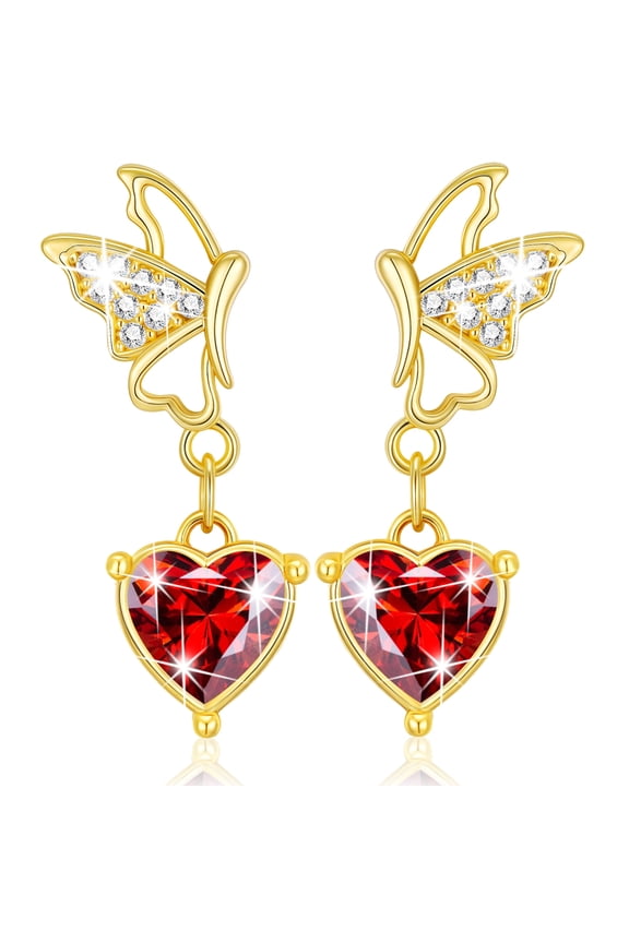 18K Gold Plated Butterfly Heart Drop Earrings for Women Girls Hypoallergenic Post January Birthstone Earrings with Red Garnet Birthday Graduation Jewelry Gifts Teen Her Kids Age Ideas