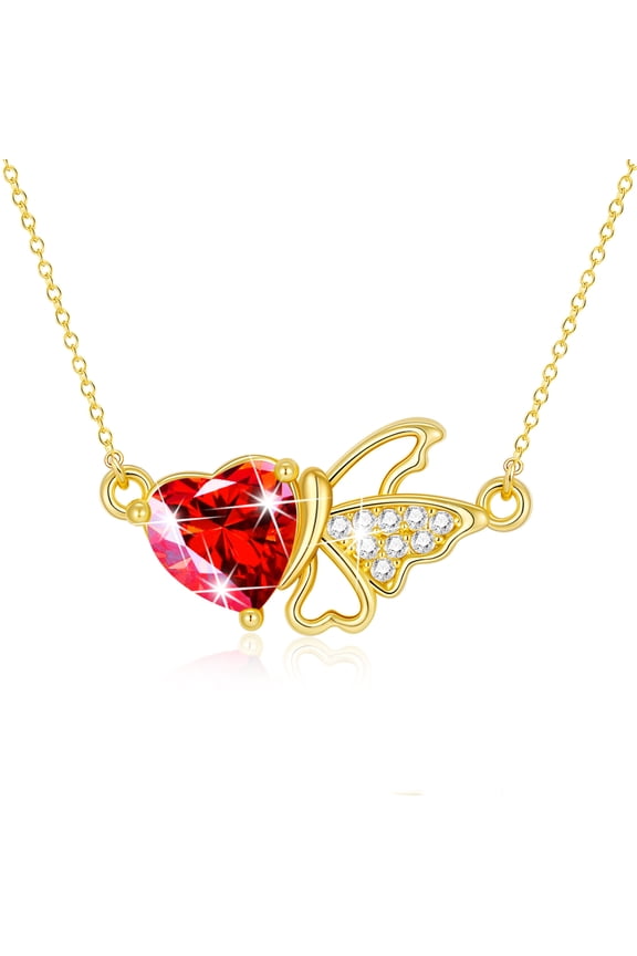 18K Gold Plated Butterfly Love Heart Necklaces for Women Girls CZ July Birthstone Pendant with Red Ruby Birthday Graduation Jewelry Gifts Teen Mom Her Adult Wife Kids Age Ideas