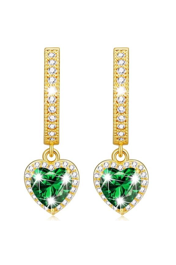 18K Gold Plated Love Heart Drop Earrings for Women Girls May Birthstone Earrings with Green Emerald Birthday Graduation Jewelry Gifts Teen Her Mom Adults Wife Lady Kids Age Ideas