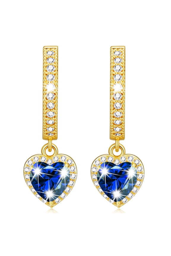 18K Gold Plated Love Heart Drop Earrings for Women Girls September Birthstone Earrings with Blue Sapphire Birthday Easter Basket Stuffers Jewelry Gifts Teen Her Wife Adults Kids Age Ideas