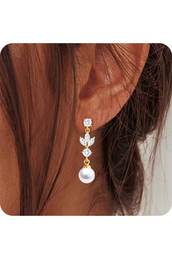 18K Gold Plated Drop Earrings for Women Pearl CZ Lightweight Hypoallergenic Post Dangle Earrings Wedding Birthday Prom Graduation Jewelry Gifts Teen Mom Her Bride Bridesmaid Wife Adults Ideas