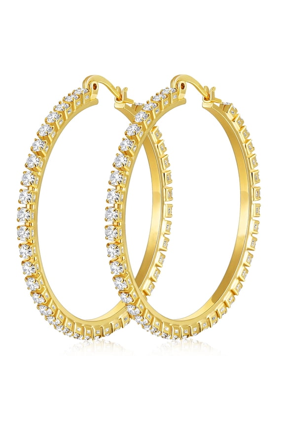 18K Gold Plated Big Rhinestone Hoop Earrings for Women Cubic Zirconia Post Hypoallergenic Earrings Birthday Graduation Mothers Day Jewelry Gifts Her Mom Girlfriend Wife Lady Female Adults Ideas