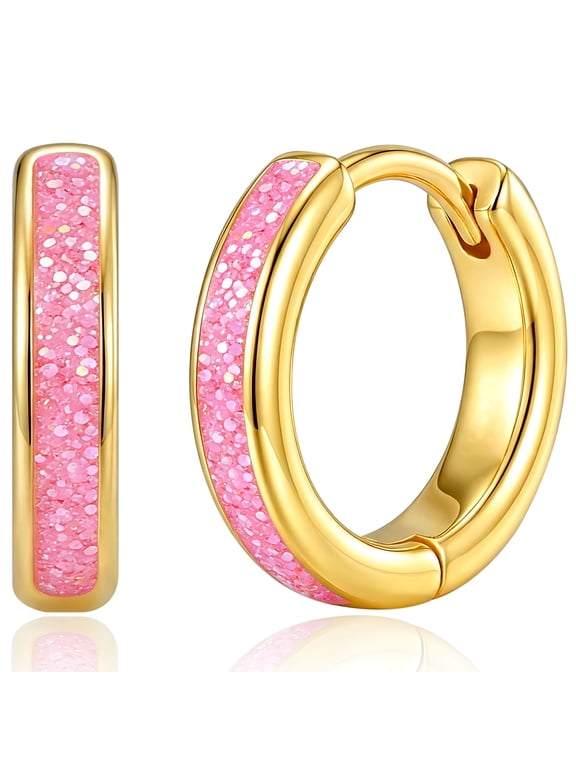 Birthday Christmas Jewelry Gifts for 6 7 8 9 10 11 12 13 14 15 16 17 18 Year Old Age Girls Kids Stocking Stuffers 18K Gold Plated Hoop Earrings Flamingo Pink Opal Hypoallergenic Small Huggie
