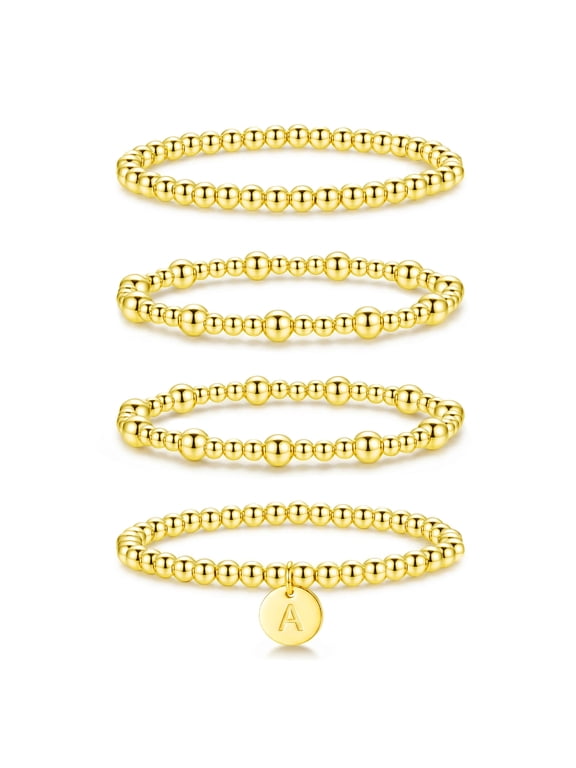 18K Gold Plated Initial Beaded Bracelets for Women Charms Stackable Letter A Chain Bracelet Set Birthday Christmas Jewelry Gifts Teen Stocking Stuffers Adults