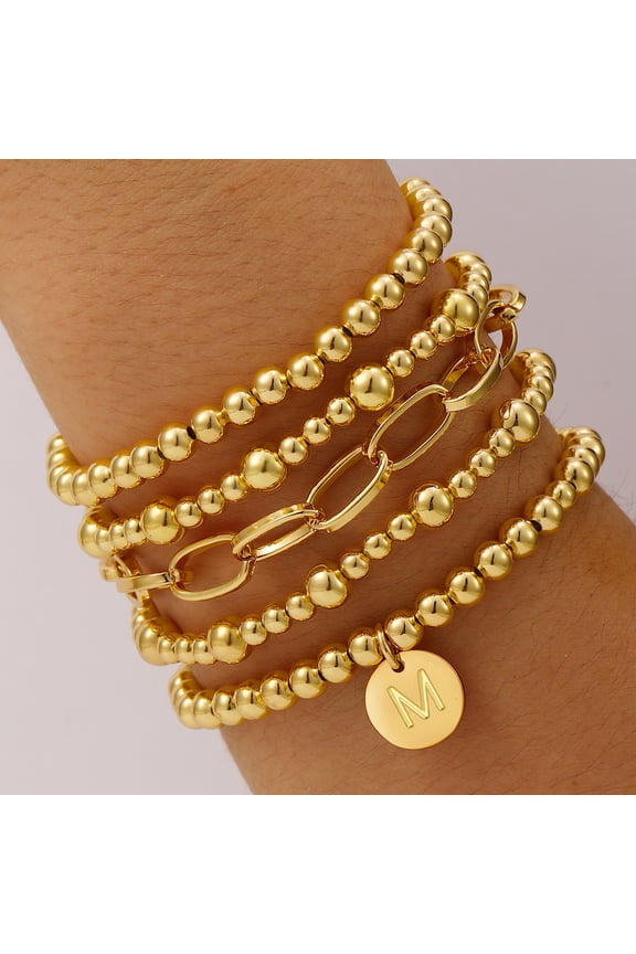 18K Gold Plated Initial Beaded Bracelets for Women Charms Stackable Letter M Chain Bracelet Set Birthday Valentines Day Jewelry Gifts Teen Her Girlfriend Adults Wife Female Daughter Lady Ideas