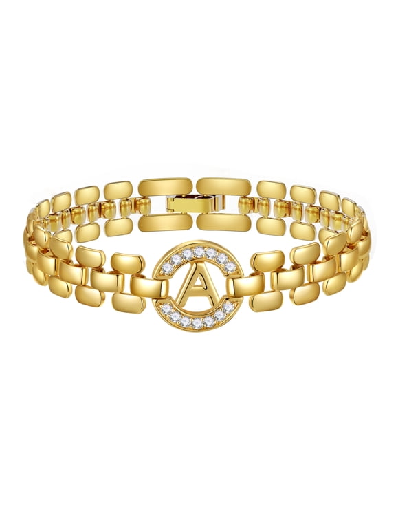 18K Gold Plated Initial Charm Bracelets for Women Cubic Zirconia Watch Bangle Letter A Chain Birthday Christmas Jewelry Gifts Teen Stocking Stuffers Adults