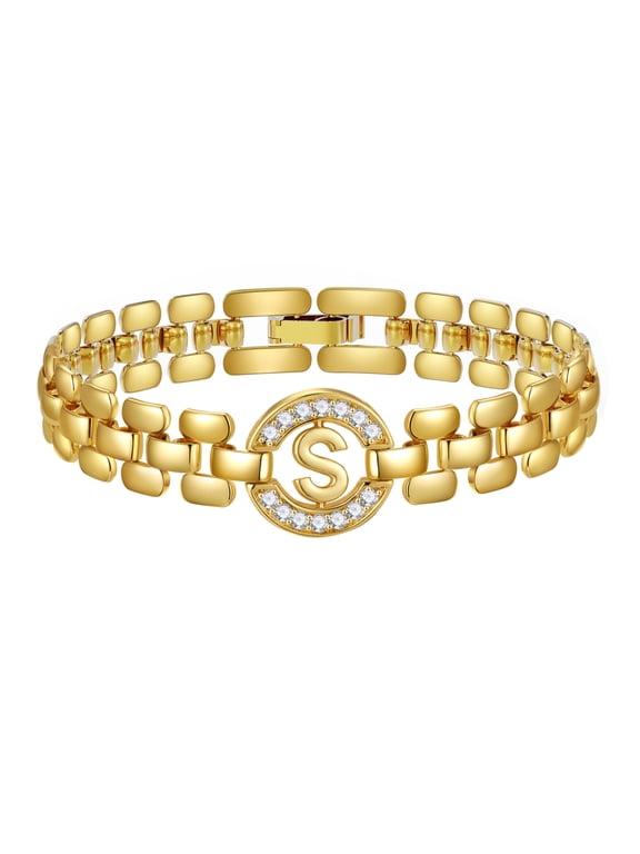 18K Gold Plated Initial Charm Bracelets for Women Cubic Zirconia Watch Bangle Letter S Chain Birthday Christmas Jewelry Gifts Teen Stocking Stuffers Adults