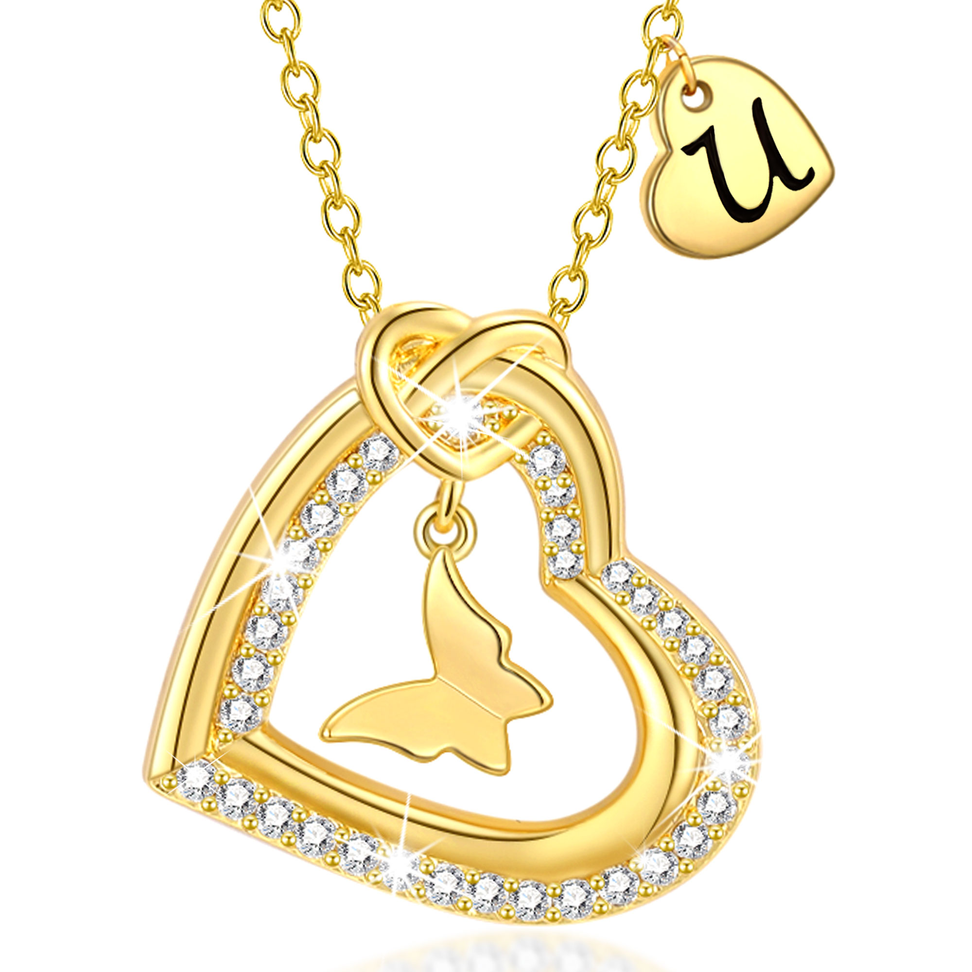 18K Gold Plated Love Heart Initial Butterfly Necklaces for Women Girls CZ Bubble Letter U Pendant Weddinen Birthday Jewelry Gifts Ideas Mom Teen Kids Tween Preteen Girlfriend Wife Daughter Age