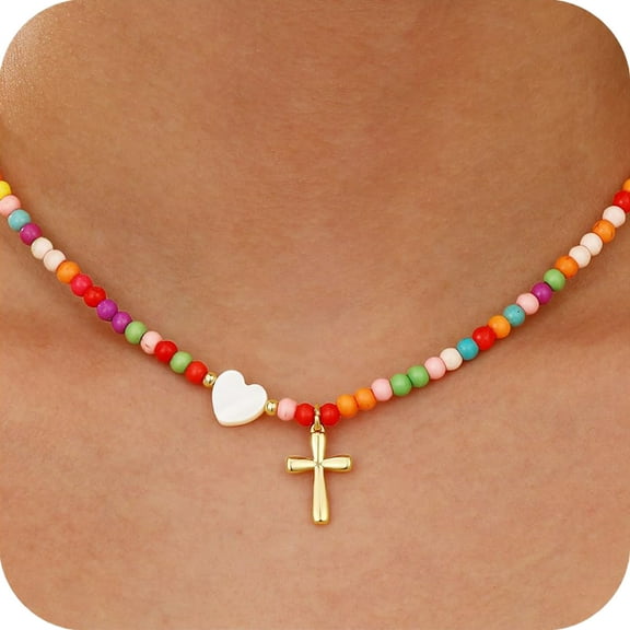 APSVO Love Heart Cross Necklaces for Girls Women Beaded Chain Stuff Catholic Religious Christian Birthday Valentines Day Jewelry Gifts Ideas Teen Tween Preteen Daughter Kids Age 7 8 9 10 11 12 13
