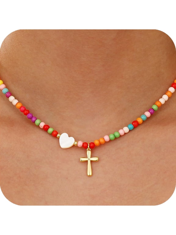 Love Heart Cross Necklaces for Women Beaded Chain Catholic Religious Christian Stuff Accessories Birthday Christmas Jewelry Gifts Teen Girls Stocking Stuffers Kids Age 7 8 9 10 11 12 13