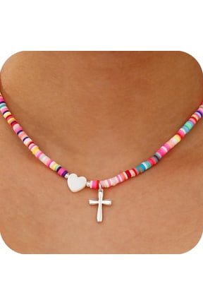 Love Heart Cross Necklaces for Girls Women Beaded Chain Stuff Catholic Religious Christian Birthday First Communion Graduation Jewelry Gifts Teen Daughter Kids Age 7 8 9 10 11 12 13