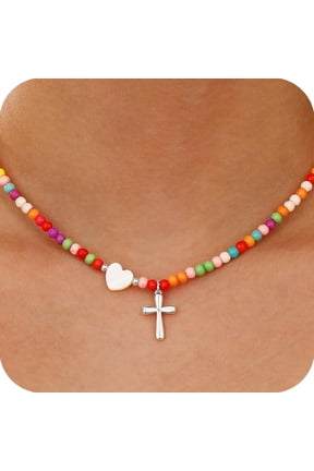 Love Heart Cross Necklaces for Girls Women Beaded Chain Stuff Catholic Religious Christian Birthday First Communion Graduation Jewelry Gifts Teen Daughter Kids Age 7 8 9 10 11 12 13