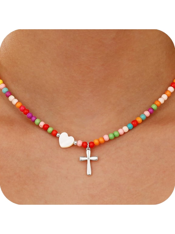 Love Heart Cross Necklaces for Women Beaded Chain Catholic Religious Christian Stuff Accessories Birthday Christmas Jewelry Gifts Teen Girls Stocking Stuffers Kids Age 7 8 9 10 11 12 13