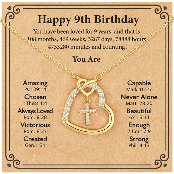 APSVO Birthday Gifts for 9 Year Old Girls Kids 18K Gold Plated Love Heart Cross Necklace CZ Pendant Chain Birthday Stuff Accessory Decoration Jewelry Ideas Ninth Yr Tween Preteen Daughter Sister Age
