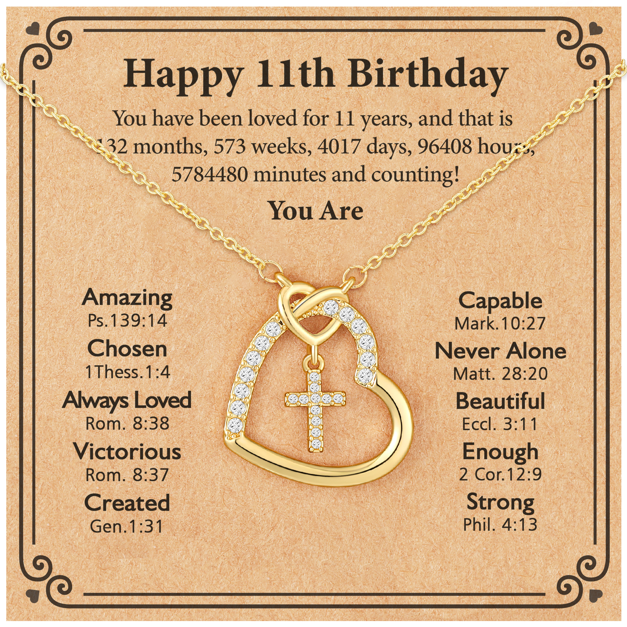 APSVO Birthday Gifts for 11 Year Old Girls Kids 18K Gold Plated Love Heart Cross Necklace CZ Pendant Chain Birthday Stuff Accessory Decoration Jewelry Ideas Eleventh Yr Tween Preteen Daughter Age