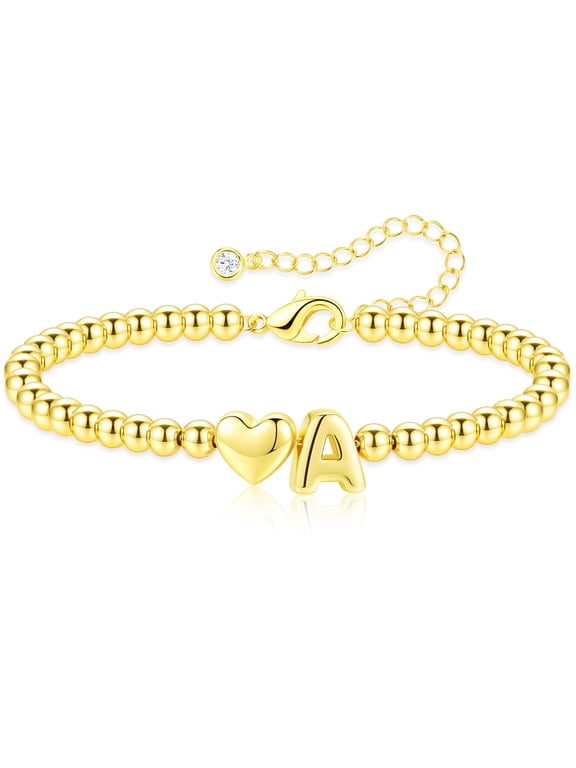 18K Gold Plated Love Heart Initial Beaded Bracelets for Women Letter A Bracelet Birthday Christmas Jewelry Gifts Teen Girls Stocking Stuffers Kids