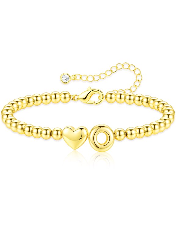 18K Gold Plated Love Heart Initial Beaded Bracelets for Women Letter O Bracelet Birthday Christmas Jewelry Gifts Teen Girls Stocking Stuffers Kids