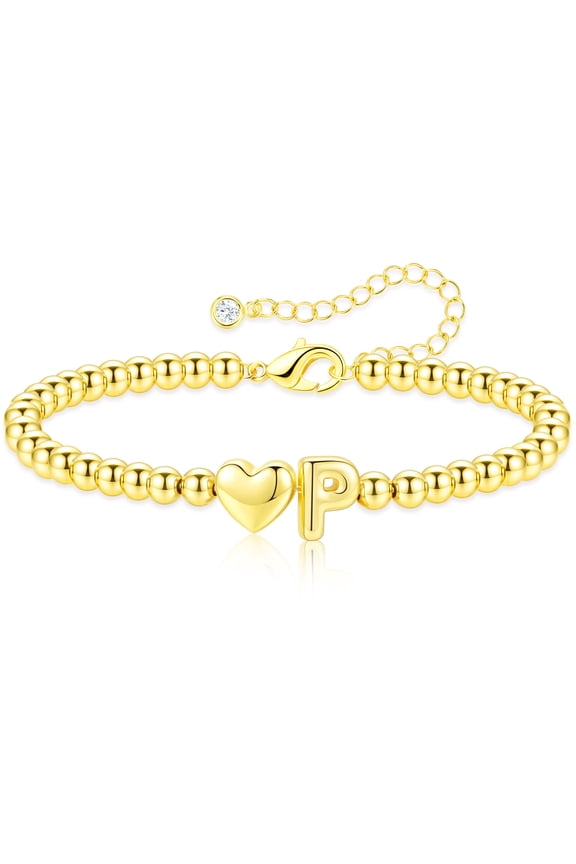 18K Gold Plated Love Heart Initial Beaded Bracelet for Women Letter P Bead Birthday Graduation Jewelry Gifts Teen Mom Her Girlfriend Wife Female Lady Daughter Age Ideas