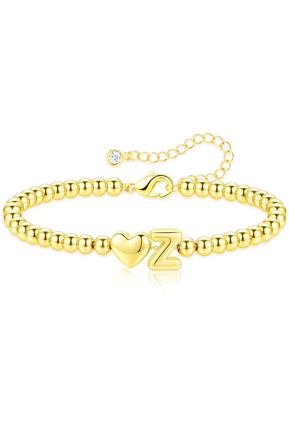 18K Gold Plated Love Heart Initial Beaded Bracelet for Women Letter Z Bead Birthday Graduation Jewelry Gifts Teen Mom Her Girlfriend Wife Female Lady Daughter Age Ideas