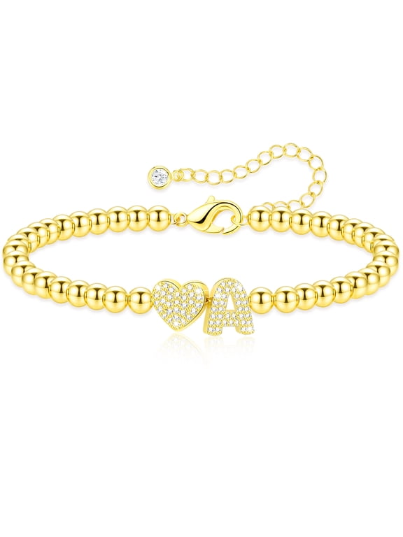 18K Gold Plated Love Heart Initial Bracelet for Women CZ Letter A Beaded Bracelet Birthday Christmas Jewelry Gifts Teen Girls Stocking Stuffers Kids